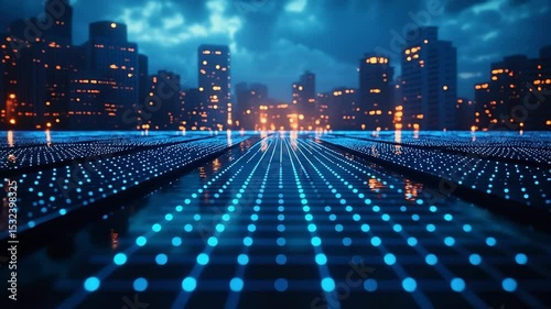 Futuristic night cityscape with glowing blue LED-lit floating solar panels, stretching into the distance under a moody sky, blending sustainability with cyberpunk aesthetics.