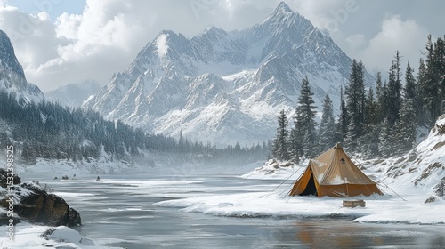 Winter Camping Scene: A Serene Escape in the Snowy Mountains