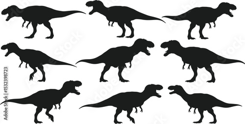 Set of T-Rex dinosaur silhouettes, black Jurassic predator vector collection, prehistoric carnivore design for educational, print, and graphic use