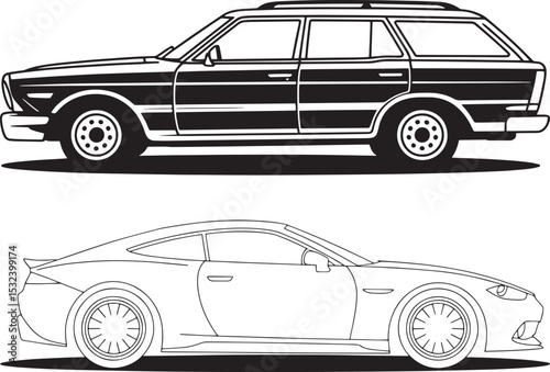 Black and White Car Side View Vector Illustration Set