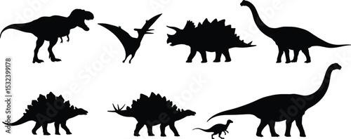 Silhouettes of various dinosaurs including T-Rex, Stegosaurus, Brachiosaurus, Triceratops, and Pterodactyl for prehistoric, Jurassic design and education
