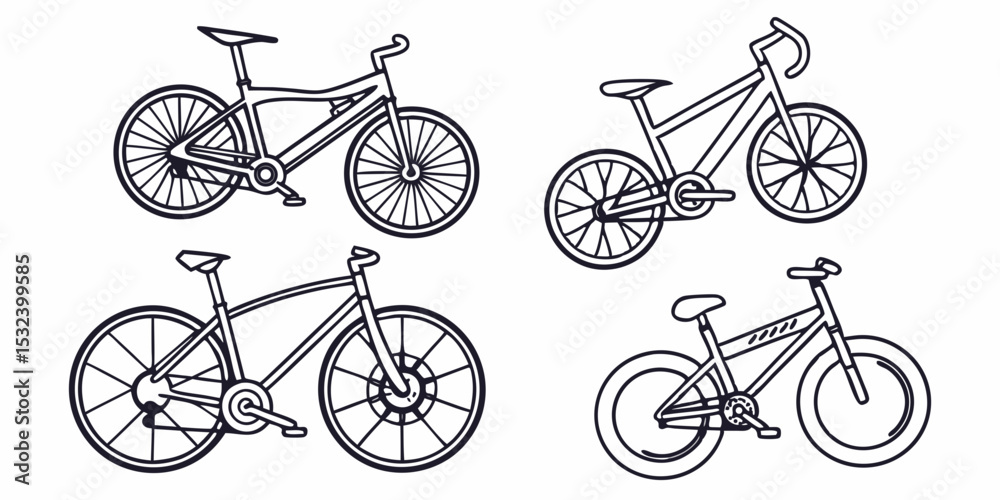 Obraz premium Four bicycle outlines with different frame styles and wheel sizes on a white background drawing art vector design