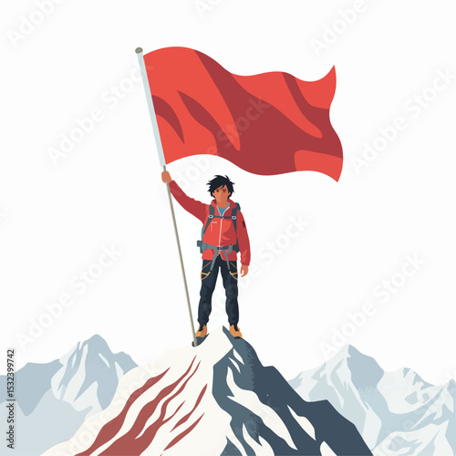 A teenager is waving a red and white flag on a mountain with a simple and minimalist flat design using a white background