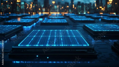 Glowing blue LED-lit solar panels float at night against a futuristic city skyline, symbolizing advanced renewable energy technology in a cyberpunk-style urban environment.