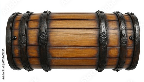 An antique oak barrel leaning against a white wall makes for a timeless decor piece, its classic style and vintage charm suitable for any space