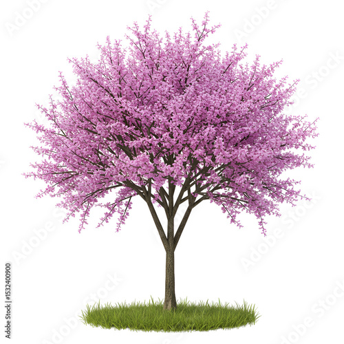 Redbud Tree in Bloom with Violet-Pink Clusters on Bare Branches
