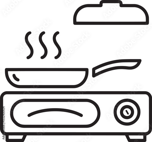 Stove with frying pan and aroma lines, line art cooking theme