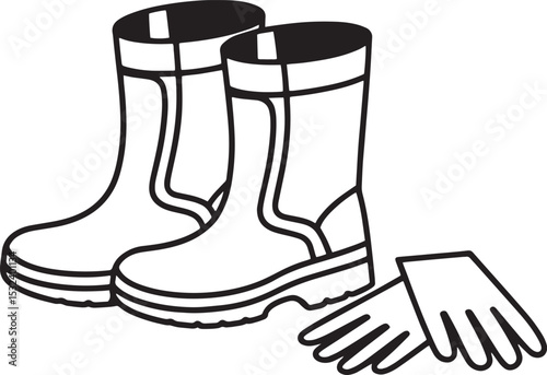 Pair of garden boots with gloves beside, minimal vector style