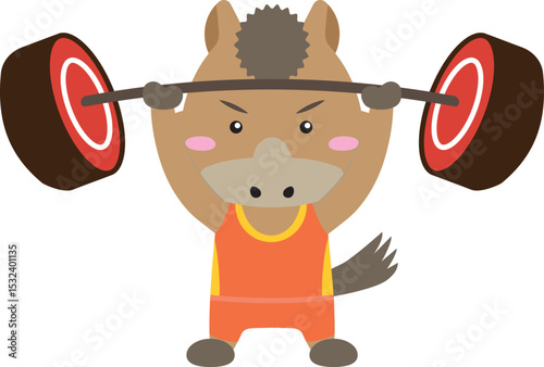 筋トレする馬キャラと肉バーベルのユニークな干支イラスト