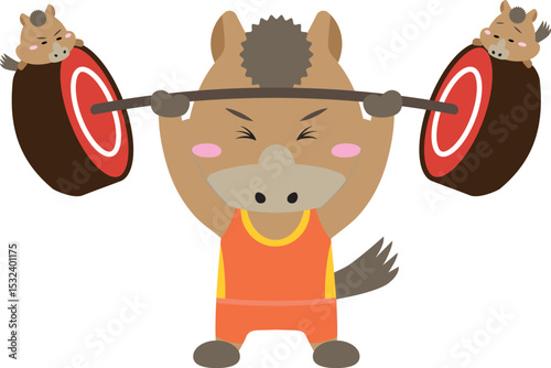 ミニ馬をのせたバーベルを持ち上げる午年キャラのユニークイラスト
