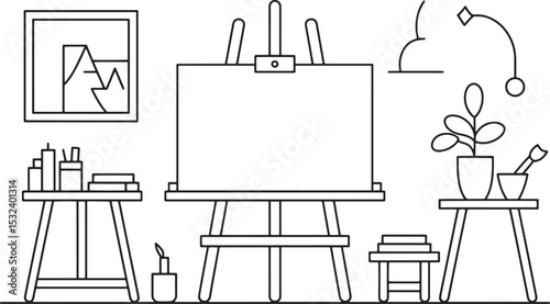 Easel holding blank canvas, art studio concept, outlined vector illustration