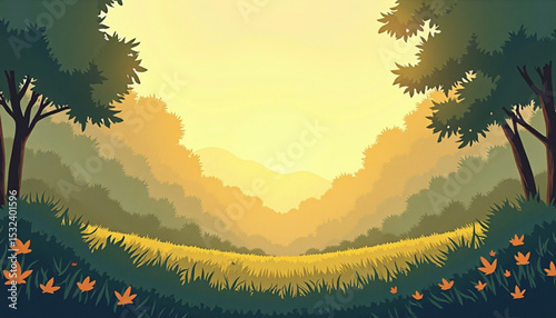 Cartoon Landscape with Trees, Grass and Mountains