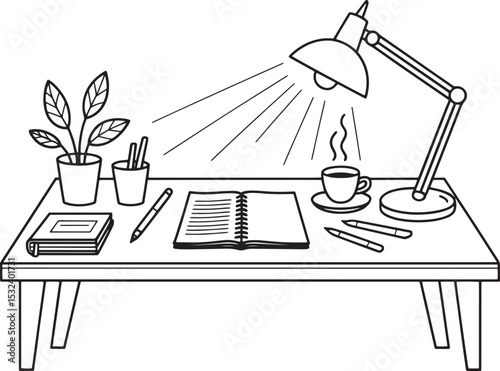 Writing desk with notebook, pen, coffee cup, and lamp, black and white line art