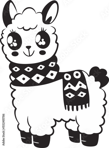 Cute cartoon llama wearing a decorative scarf in black and white