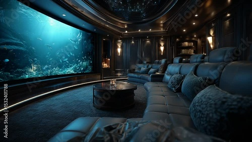 Luxurious Home Theater with a Stunning Underwater Aquarium Display and Comfortable Seating