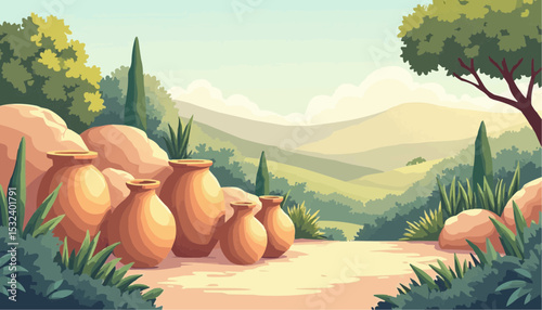 Clay pot with idyllic valley landscape