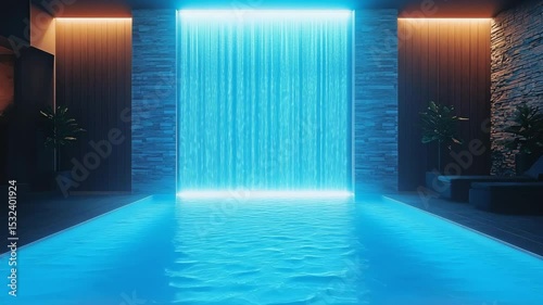 A serene indoor pool with glowing blue LED waterfall lighting creates a calming and luxurious ambiance, blending modern design with soothing water elements for a spa-like atmosphere.