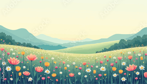 Flower field with mountains landscape