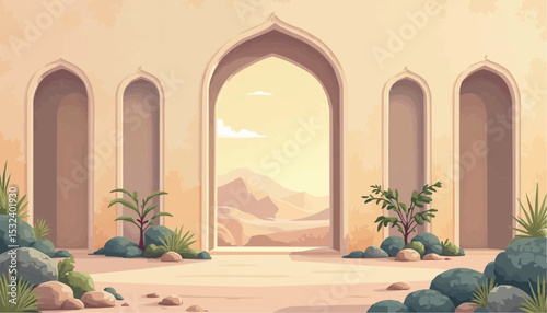 Desert landscape with building arches and sand dunes