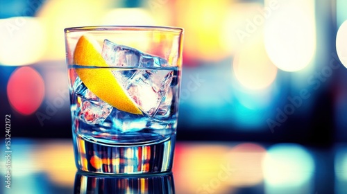 Cocktail Glass with Ice and Lemon at a Bar