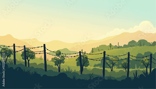 Cartoon Landscape with Fence and Mountains