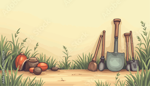 Garden Tools Still Life with Grass