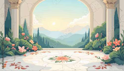 Mountain view from balcony with flowers and columns