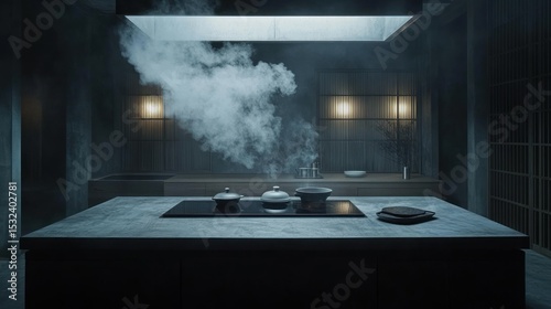 Serene Modern Kitchen: Steam Rising from Pots on a Sleek Countertop