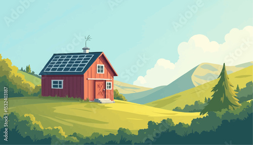 Red Barn Solar Panels Countryside Landscape