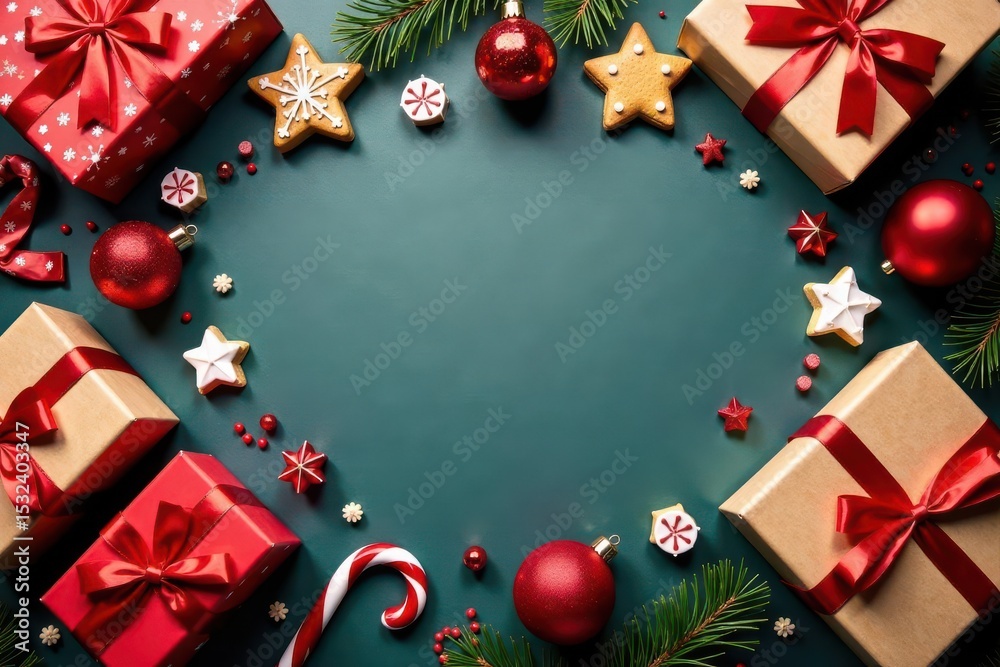 Fototapeta premium Flatlay Christmas planner spread; presents, baked goods, ornaments , food, red