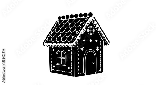 Illustration of a black and white gingerbread house silhouette