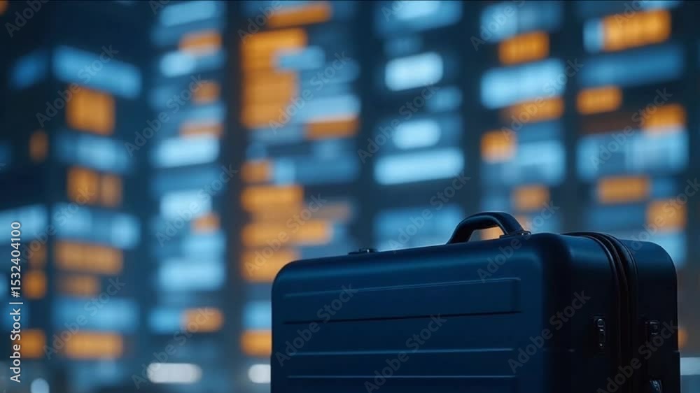 Modern hard shell suitcase against blurred airport departure board