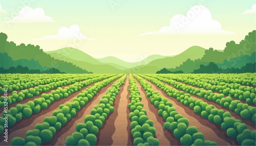 Cartoon field agricultural landscape with plant and mountains