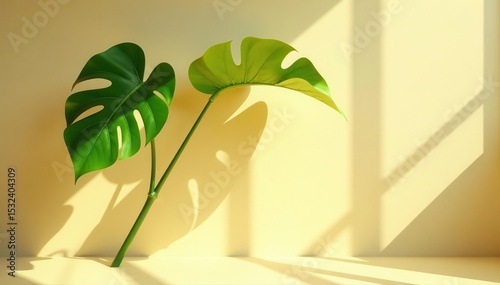 Sunlight-drenched monstera branch casts long shadows on a beige wall Minimal summer aesthetic , wall, modern