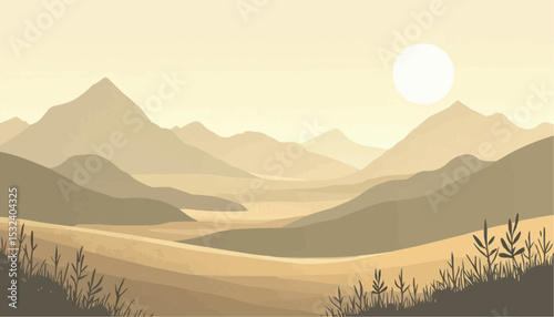 Mountain Landscape Illustration with Sun and Grass