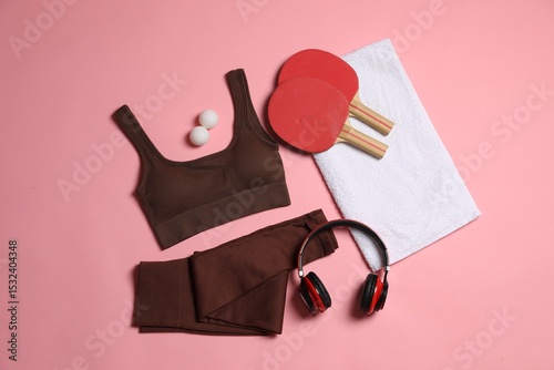 Sportswear, ping pong rackets, balls, towel and headphones on pink background, flat lay