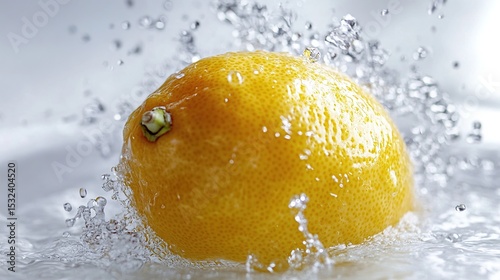 Lemon showered by water; drops suspended around the citrus fruit on a light background
