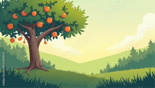 Orange tree in landscape cartoon illustration