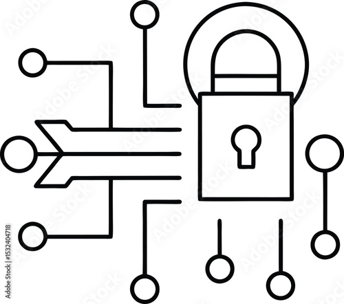 Data Encryption Icon with Key and Algorithm Symbol Cyber security vector Line art illustration