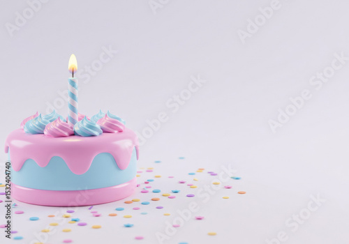Colorful birthday cake with a candle and confetti on a plain background for celebration
