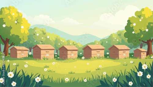 Beehives in Cartoon Field