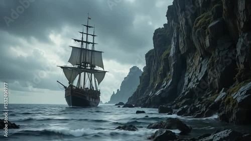 Historical Sailing Ship Navigating Stormy Rocky Coasts