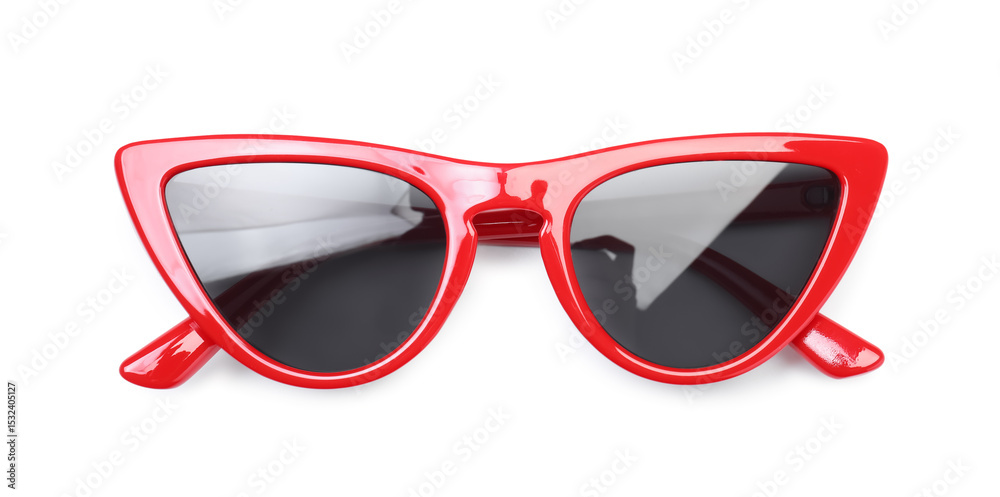 Stylish red sunglasses isolated on white, top view. Beach accessory Stylish red sunglasses isolated on white, top view. Beach accessory