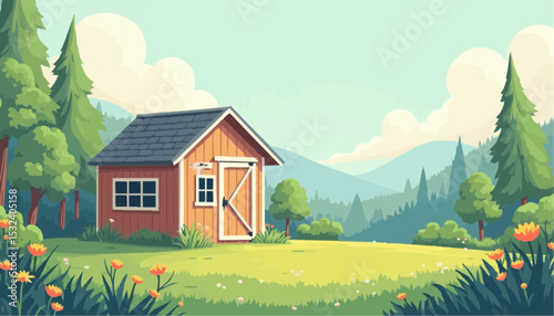 Shed in a field surrounded by trees and mountains