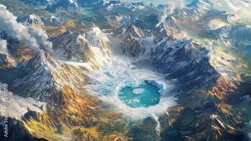 Frozen Crater Lake Amidst Majestic Snow-Capped Peaks

