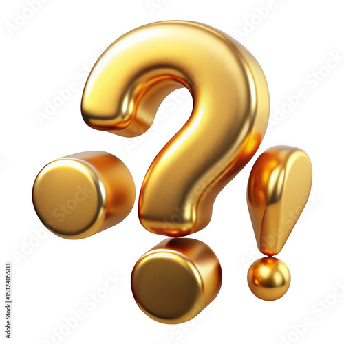 3d golden question mark and exclamation point isolated on transparent background