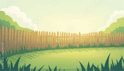 Cartoon Backyard with Green Grass and Wooden Fence
