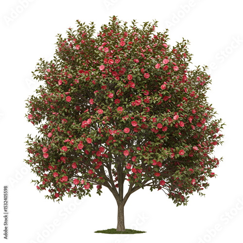 Camellia Tree with Pink to Red Blooms Isolated on White Background