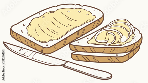 Fresh bread slice with creamy butter spread on white background

