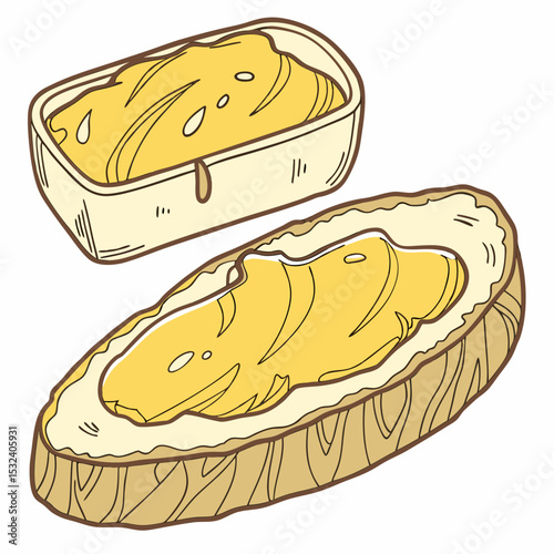 Fresh bread slice with creamy butter spread on white background

